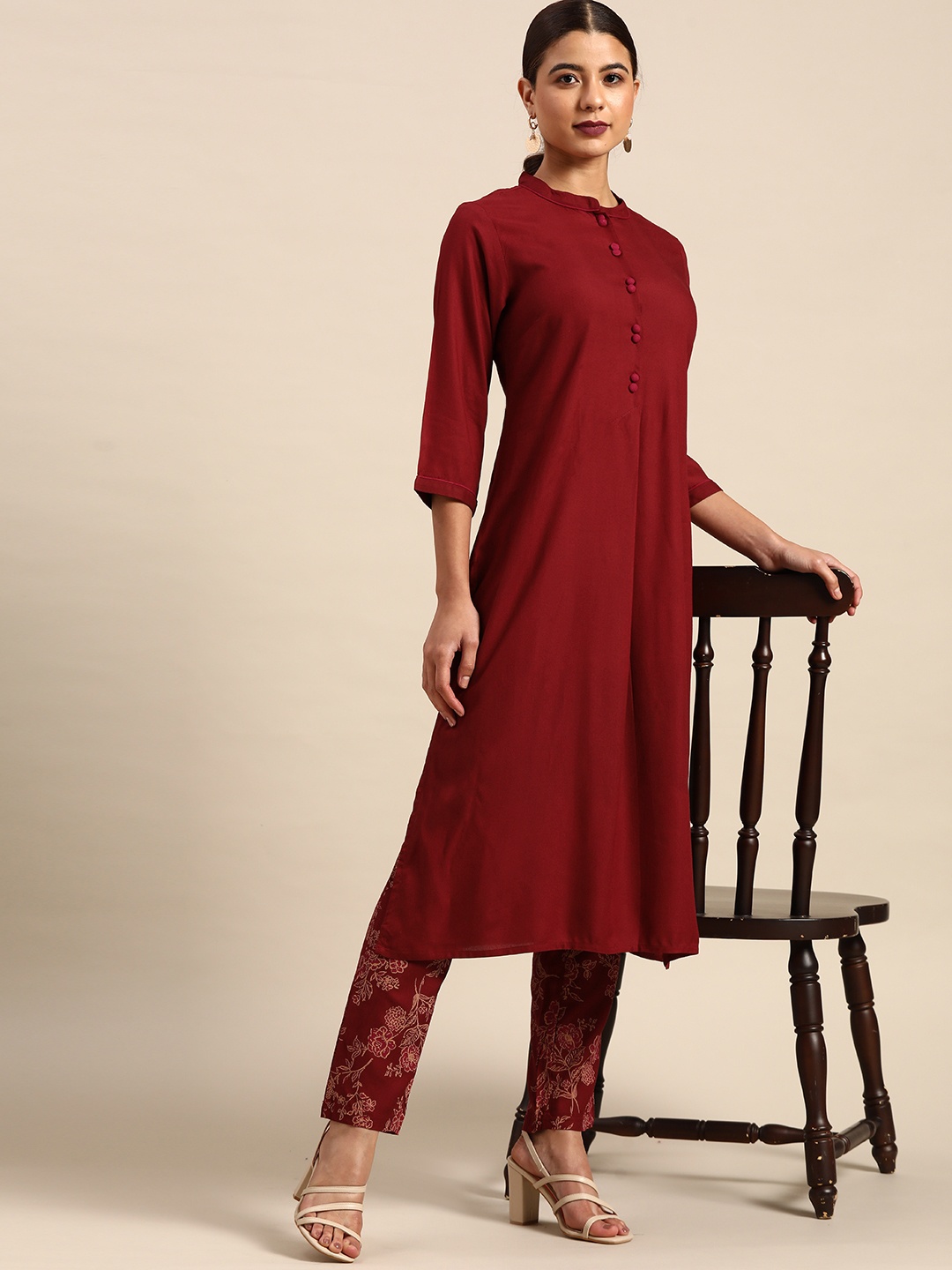 

all about you Women Maroon Regular Kurta with Printed Trousers