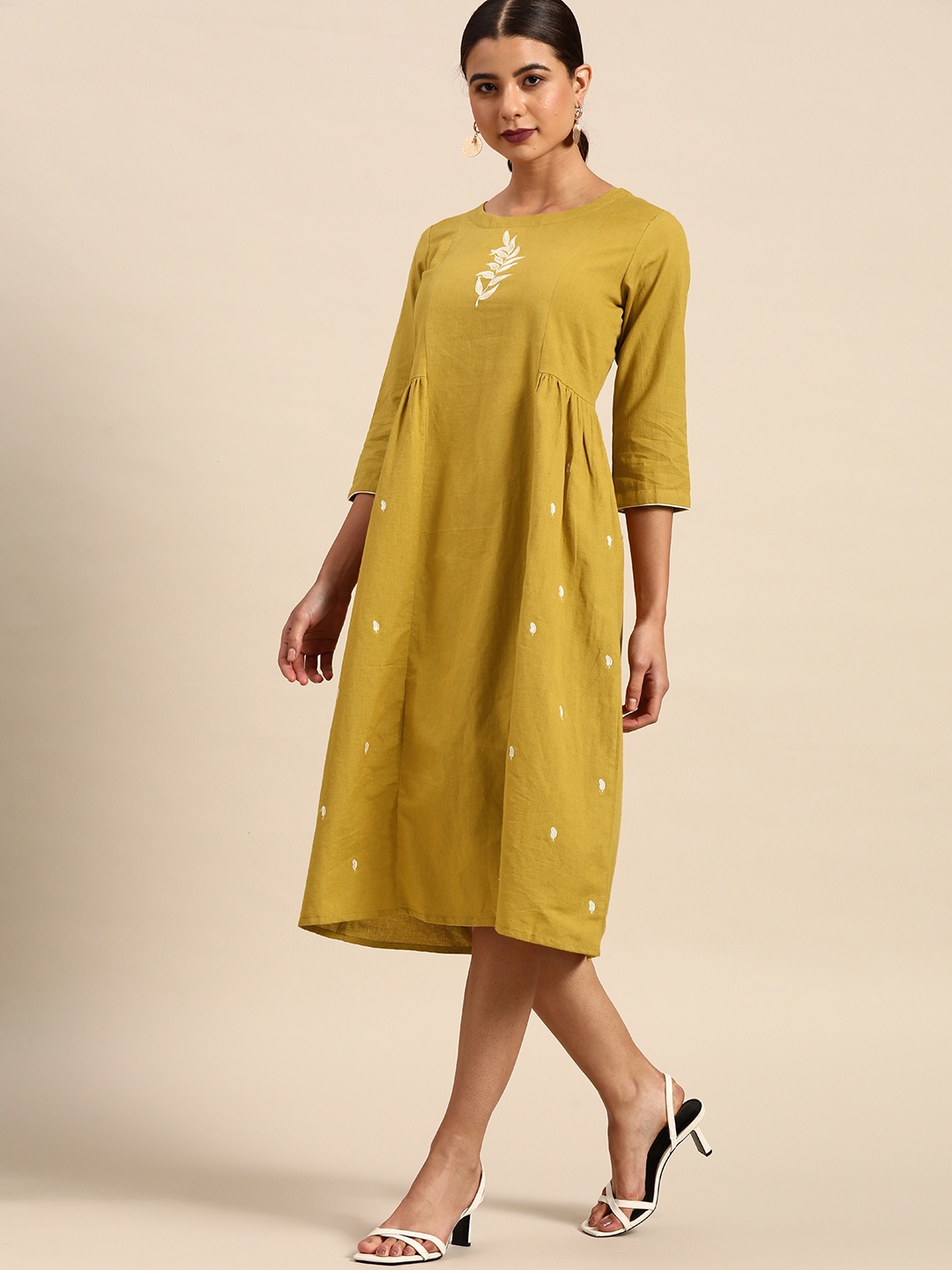 

all about you Mustard Yellow Embroidered A-Line Dress