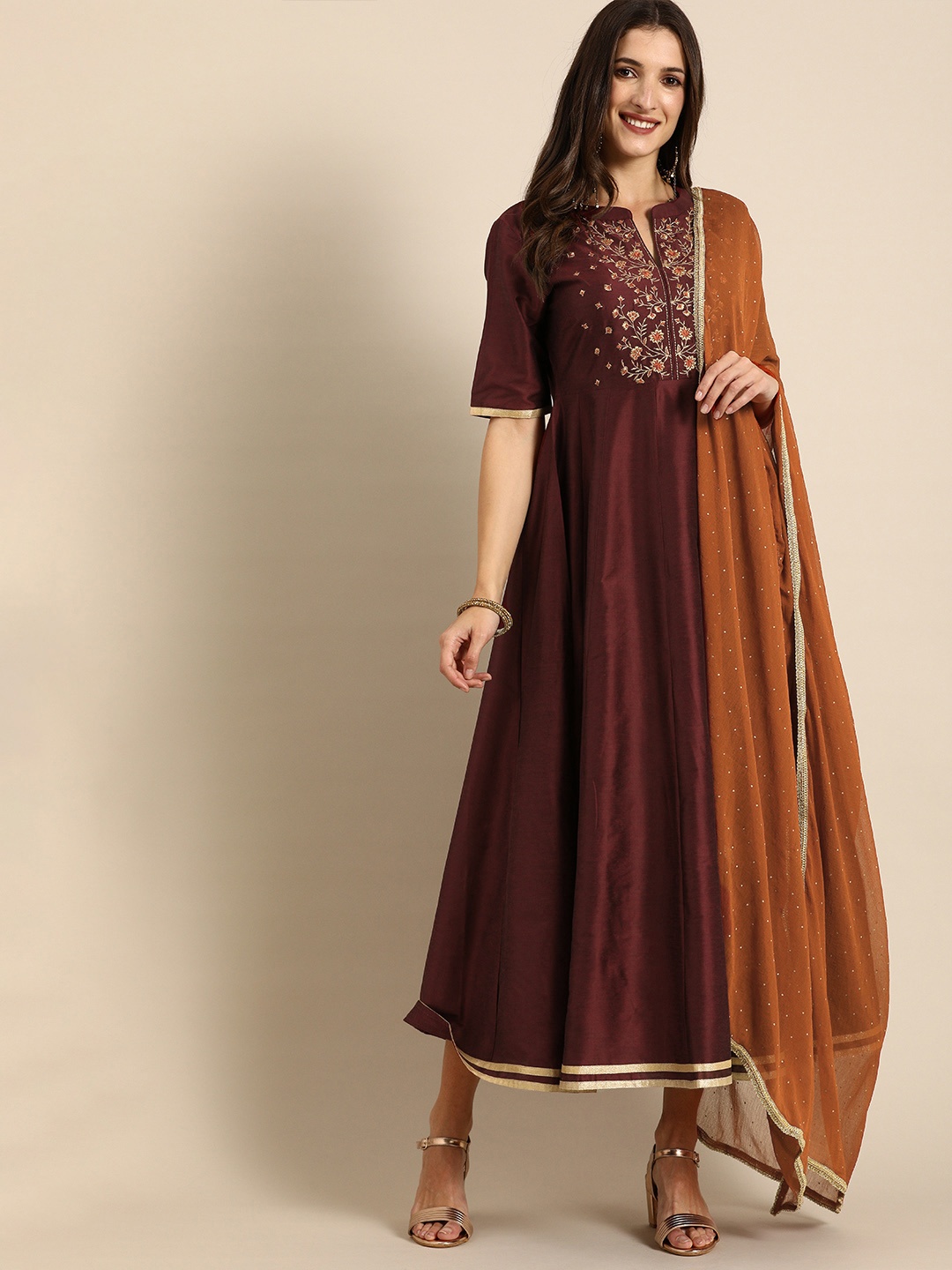 

all about you Floral Embroidered Ethnic Maxi Dress with Dupatta, Maroon