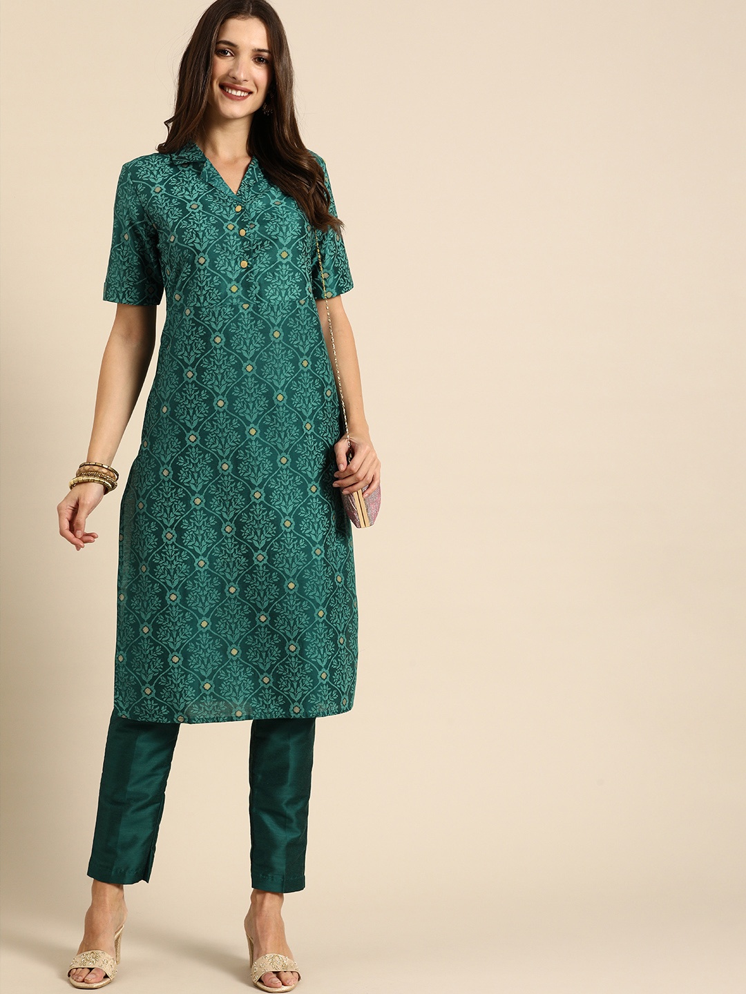 

all about you Women Green Regular Lapel Collar Kurta with Trousers
