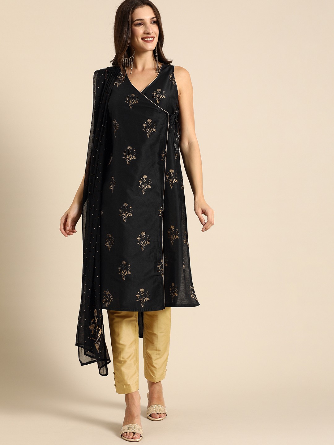 

all about you Women Black Floral Foil Printed Angrakha Kurta with Trousers & With Dupatta