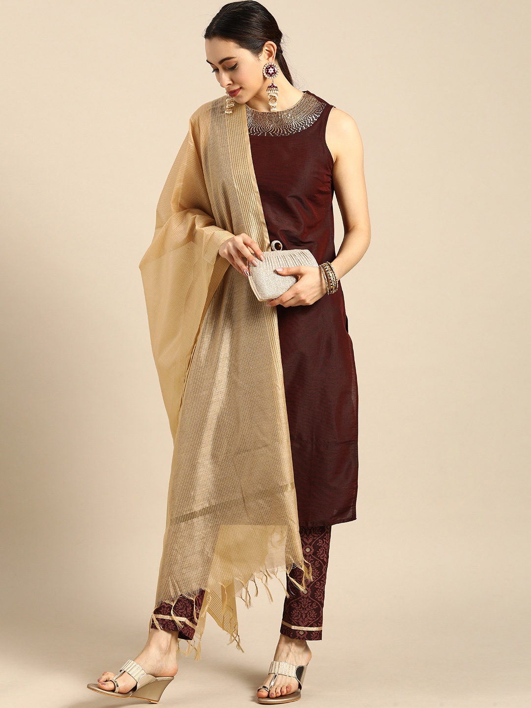 

all about you Women Brown Sequinned Pure Cotton Kurta with Trousers & With Dupatta