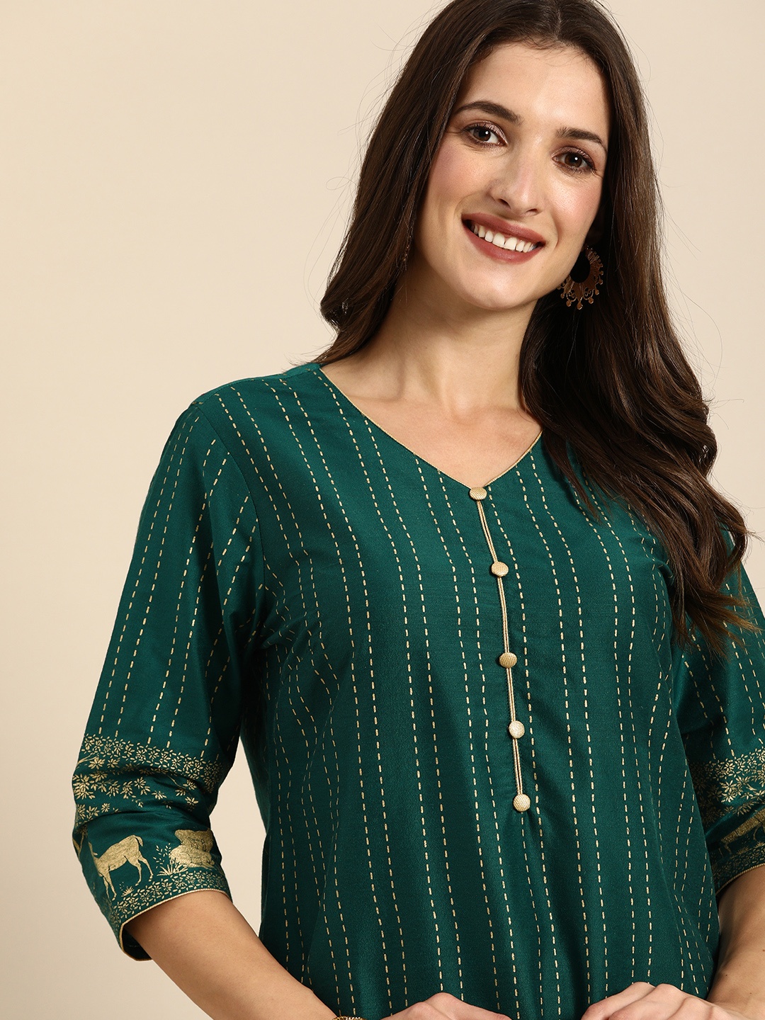 

all about you Women Green Foil Printed Regular Kurta with Trousers