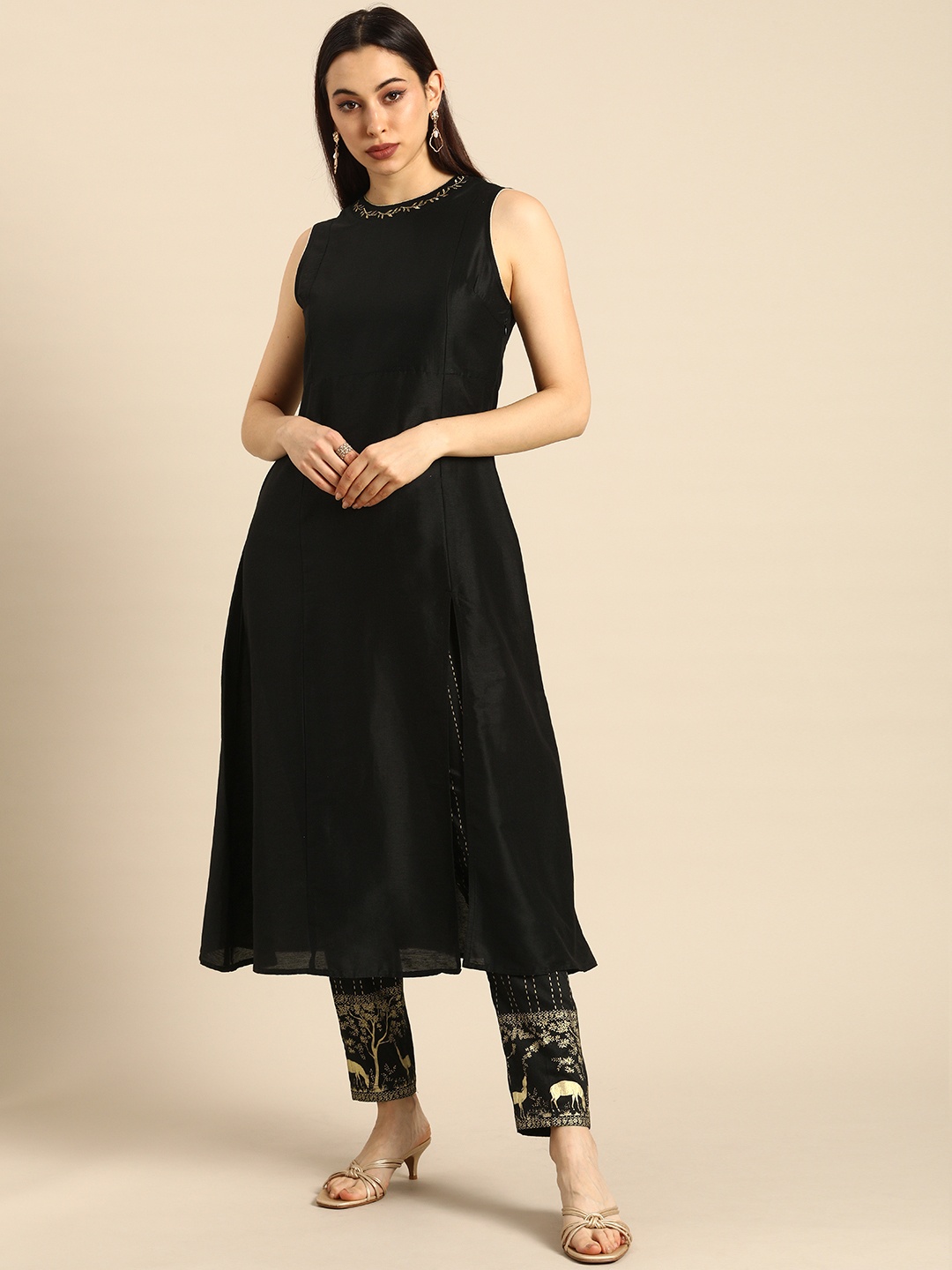 

all about you Women Black Regular Embroidery Detail Kurta with Trousers