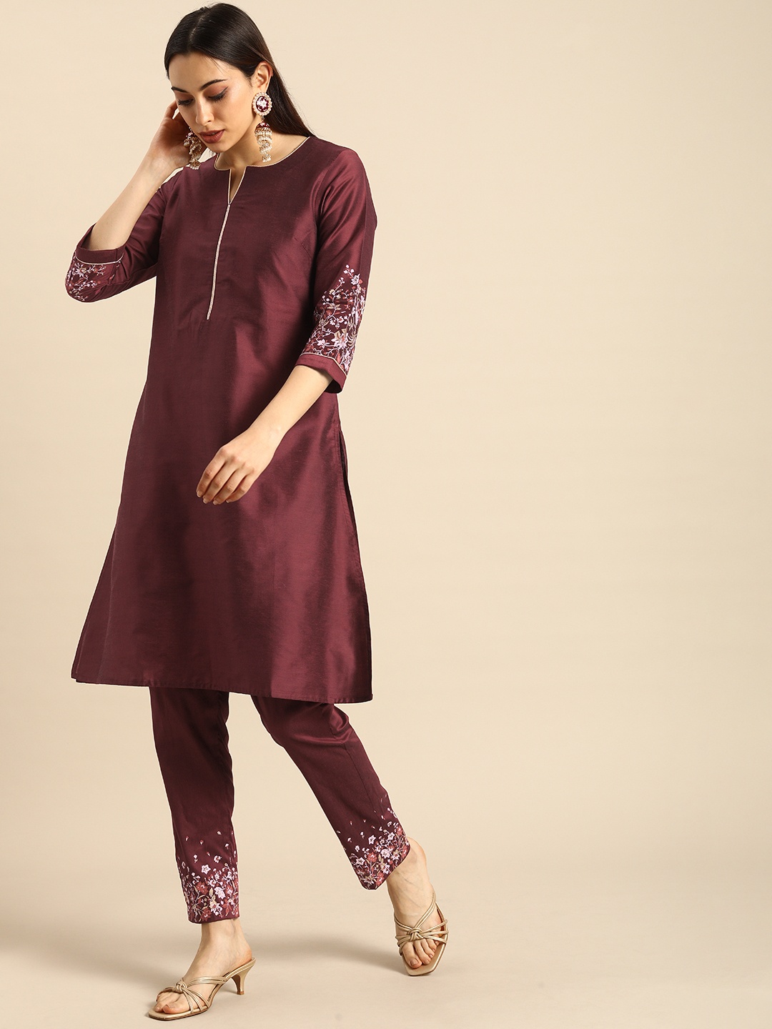 

all about you Women Maroon Regular Kurta with Trousers with Print Detail