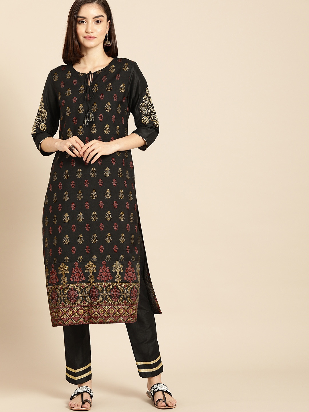 

all about you Women Black & Yellow Floral Printed Regular Kurta with Trousers