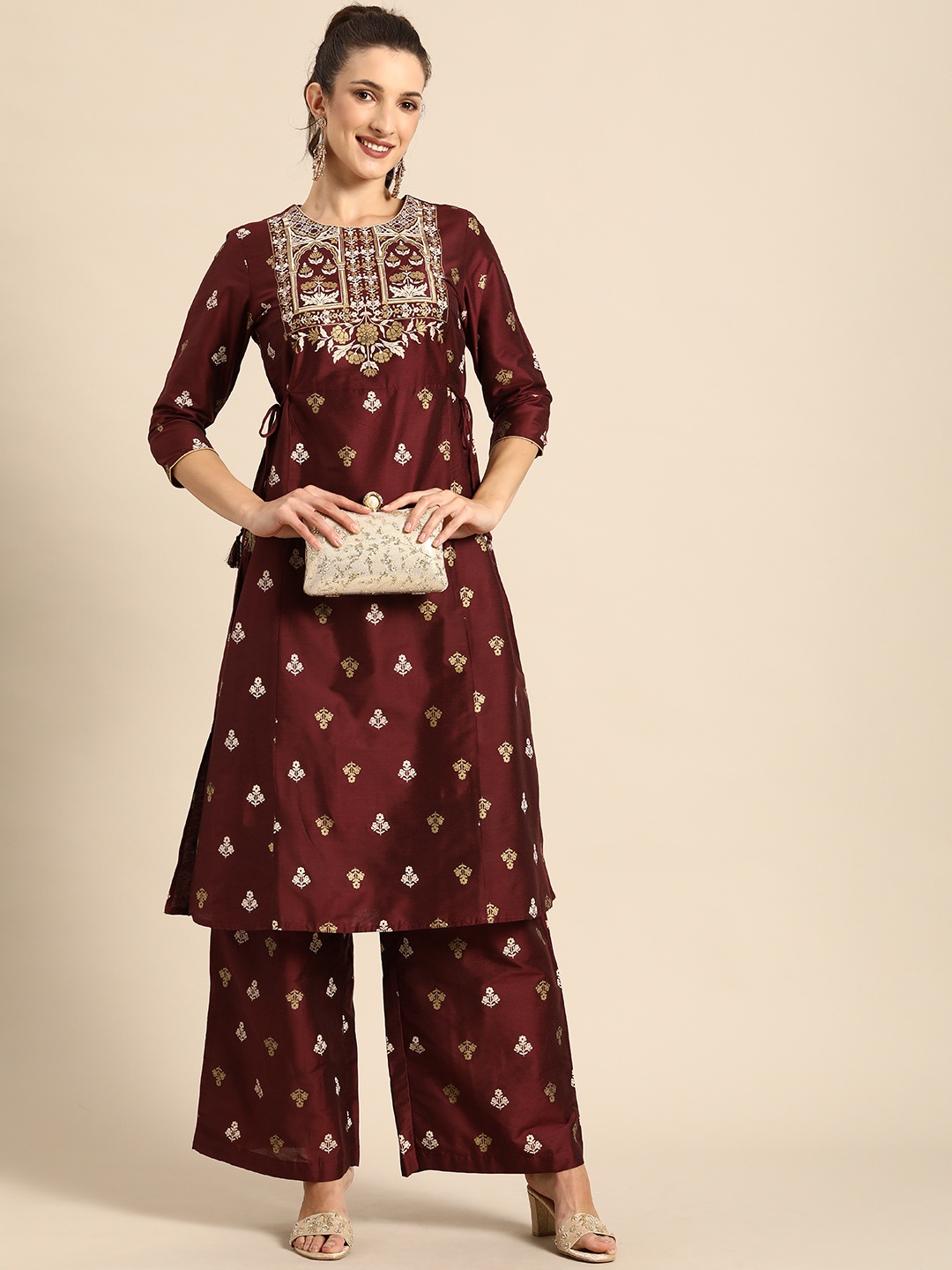 

all about you Women Maroon Ethnic Motifs Printed Regular Kurta with Palazzos