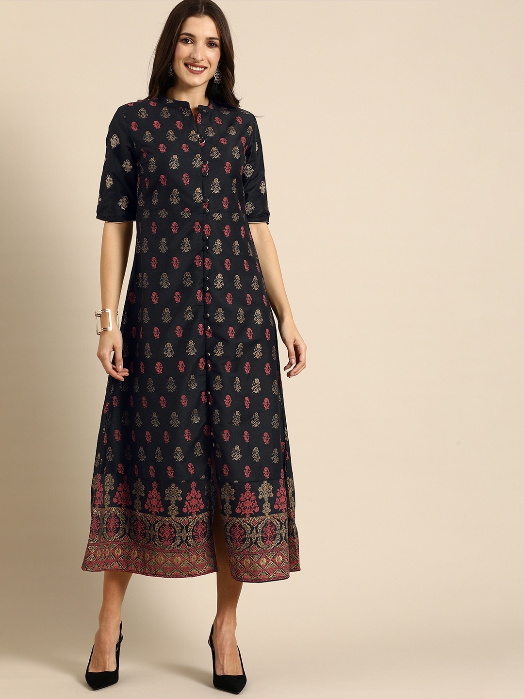 

all about you Black & Gold-Toned Ethnic Motifs Maxi Dress