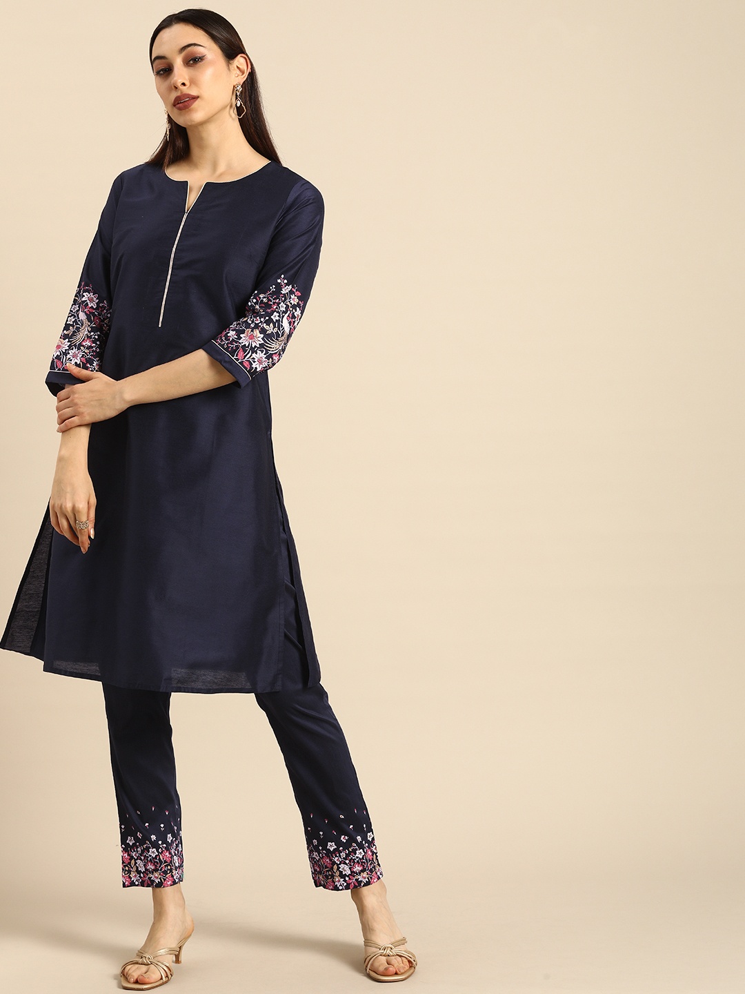 

all about you Women Navy Blue Regular Kurta with Trousers with Print Detail
