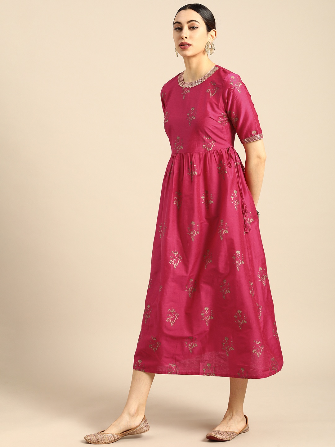 

all about you Women Pink & Gold-Coloured Floral Printed A-Line Midi Dress
