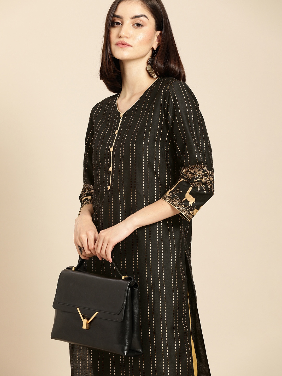 

all about you Women Black & Gold Striped Regular Kurta with Trousers
