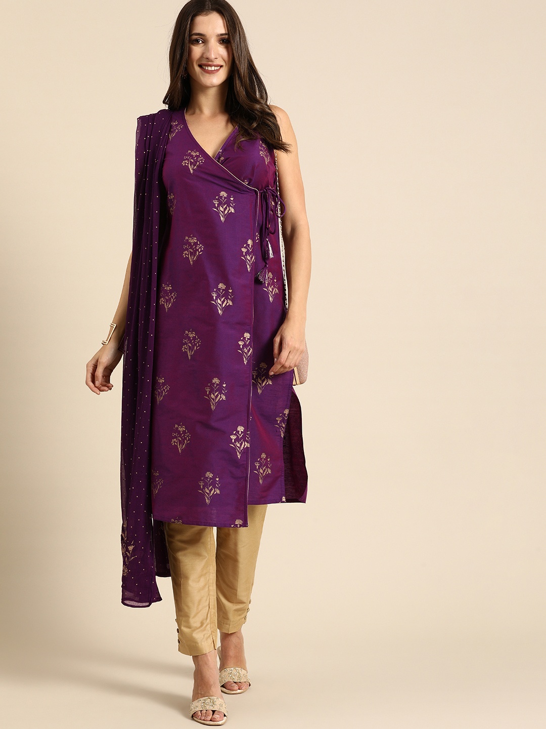 

all about you Women Purple Ethnic Motifs Foil Printed Angrakha Kurta Set