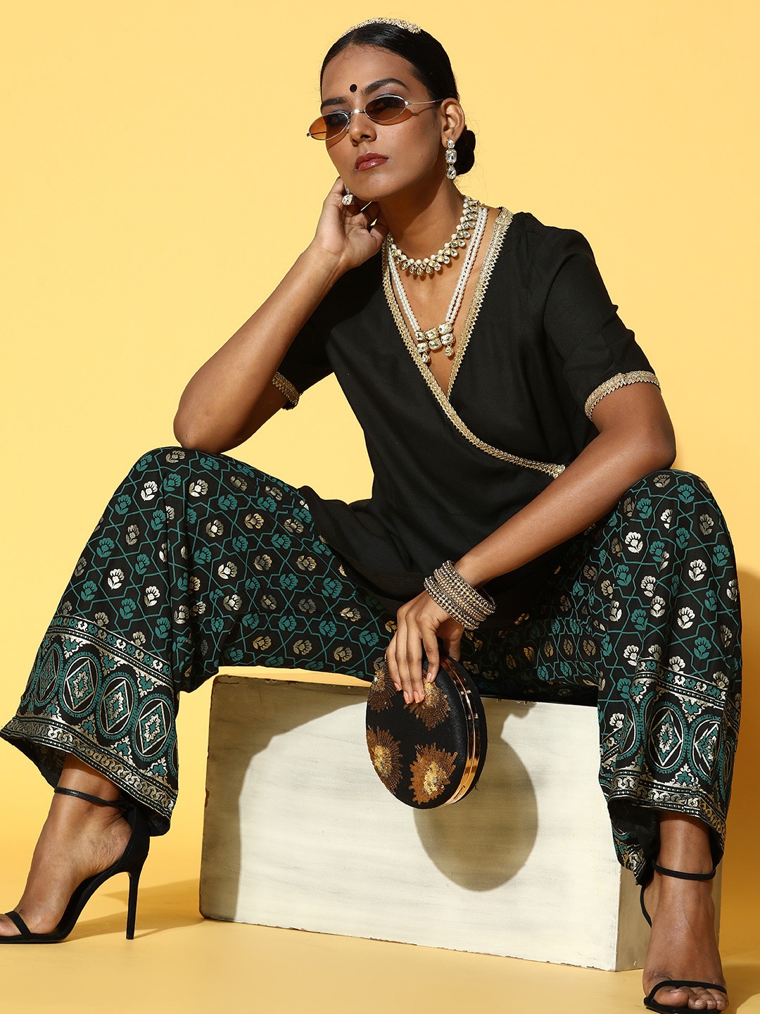 

all about you Ethnic Motifs Viscose Rayon Kurta Set, Black
