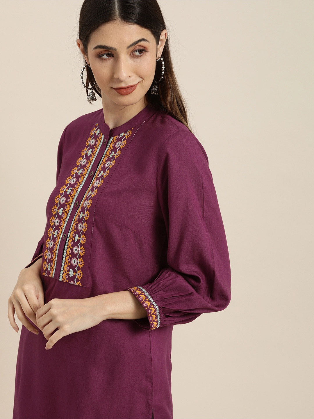 

all about you Women Burgundy Floral Embroidered Yoke Design Kurta