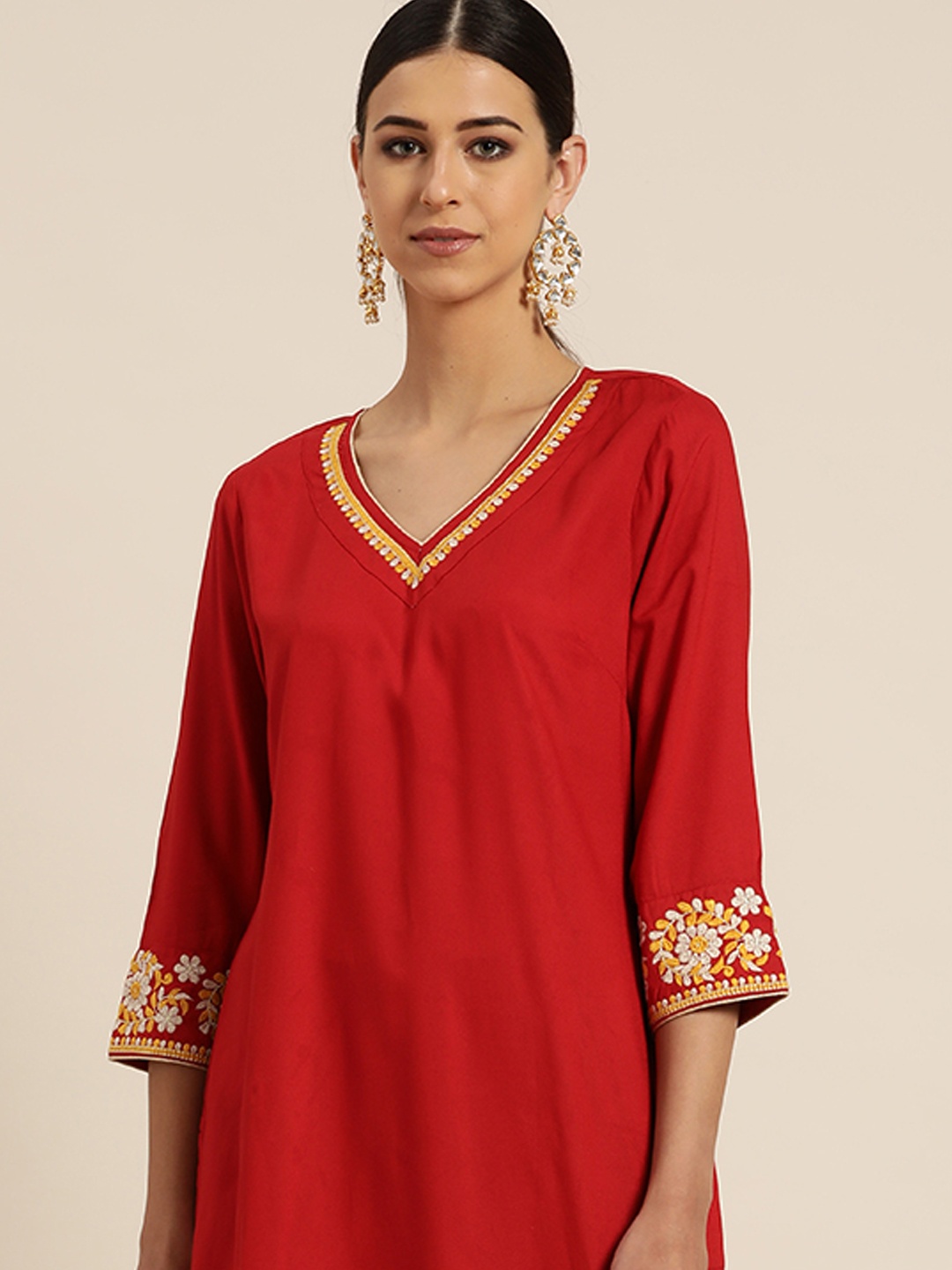 

all about you Women Red Embroidered Detail Straight Kurta