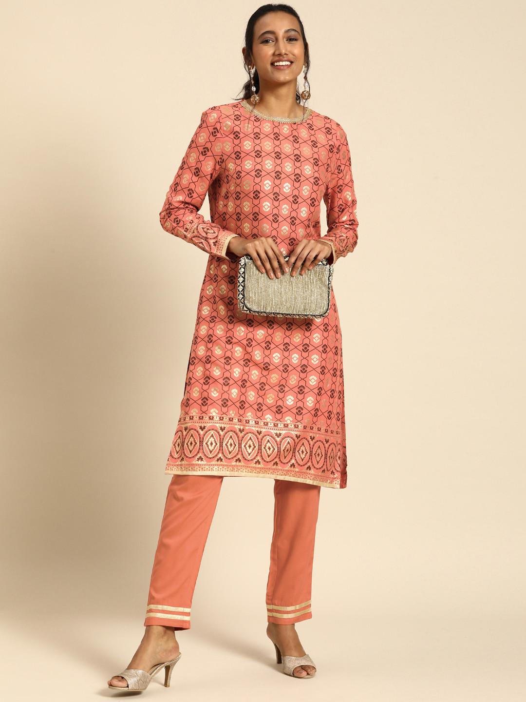 

all about you Women Orange Ethnic Motifs Printed Regular Kurta with Trousers