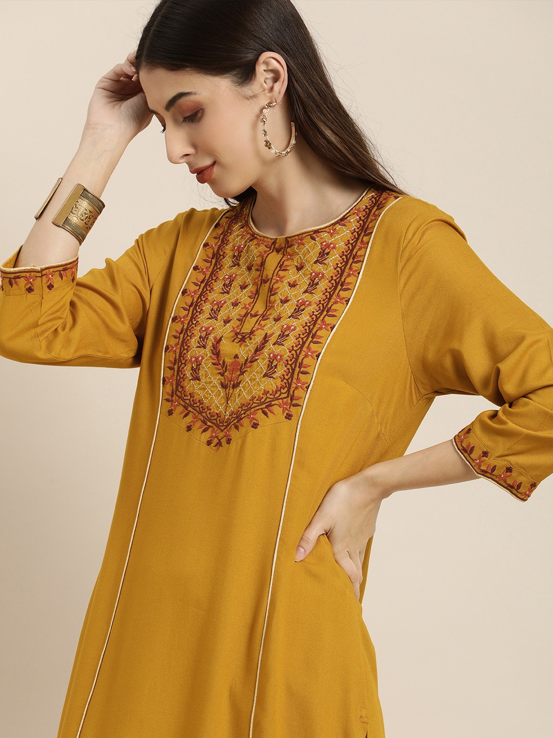

all about you Women Mustard Yellow Floral Embroidered Yoke Design Kurta