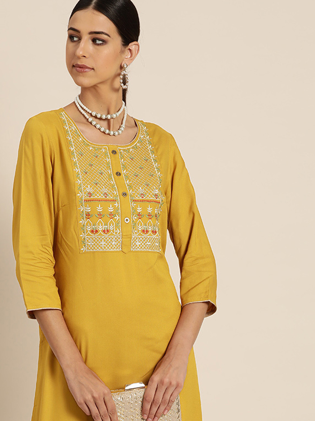 

all about you Women Mustard Yellow & Green Yoke Embroidered Straight Kurta