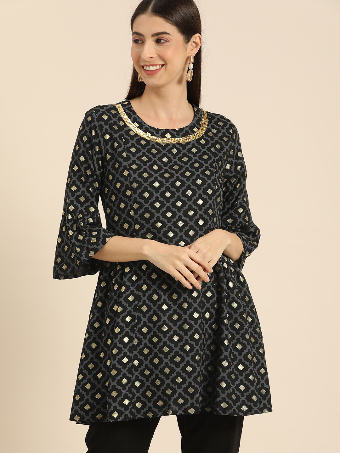 

all about you Black & Grey Ethnic Motifs Printed Flared Sleeves Sequinned Kurti