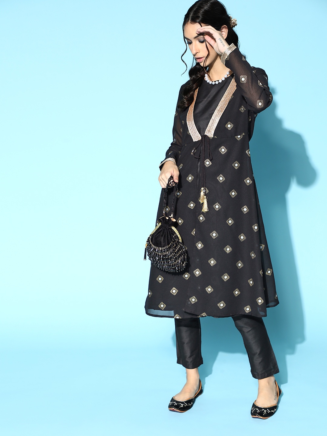 

all about you Ethnic Motifs Polyester Kurta Set, Black