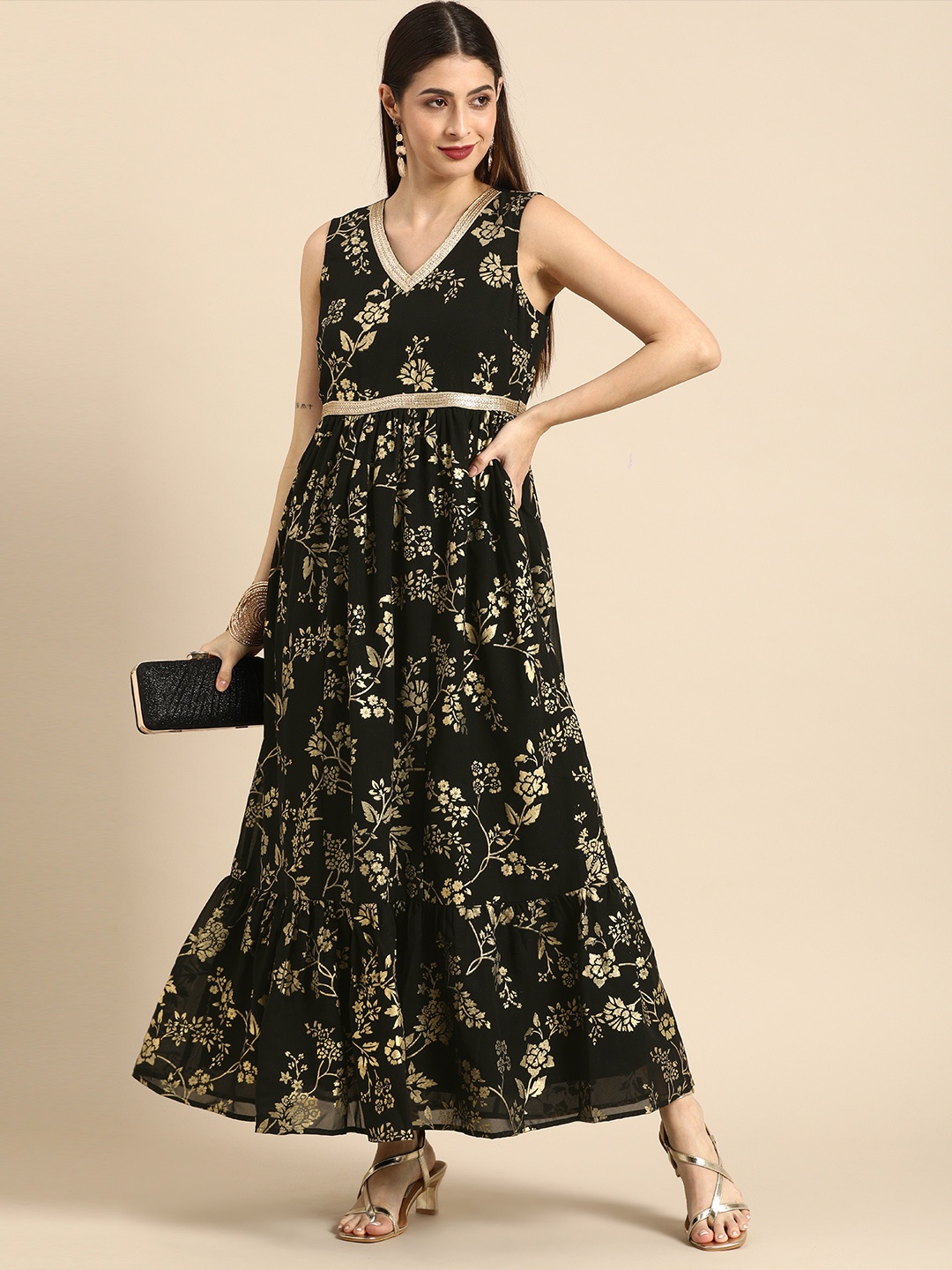 

all about you Black & Gold-Toned Floral Print A-Line Maxi Dress