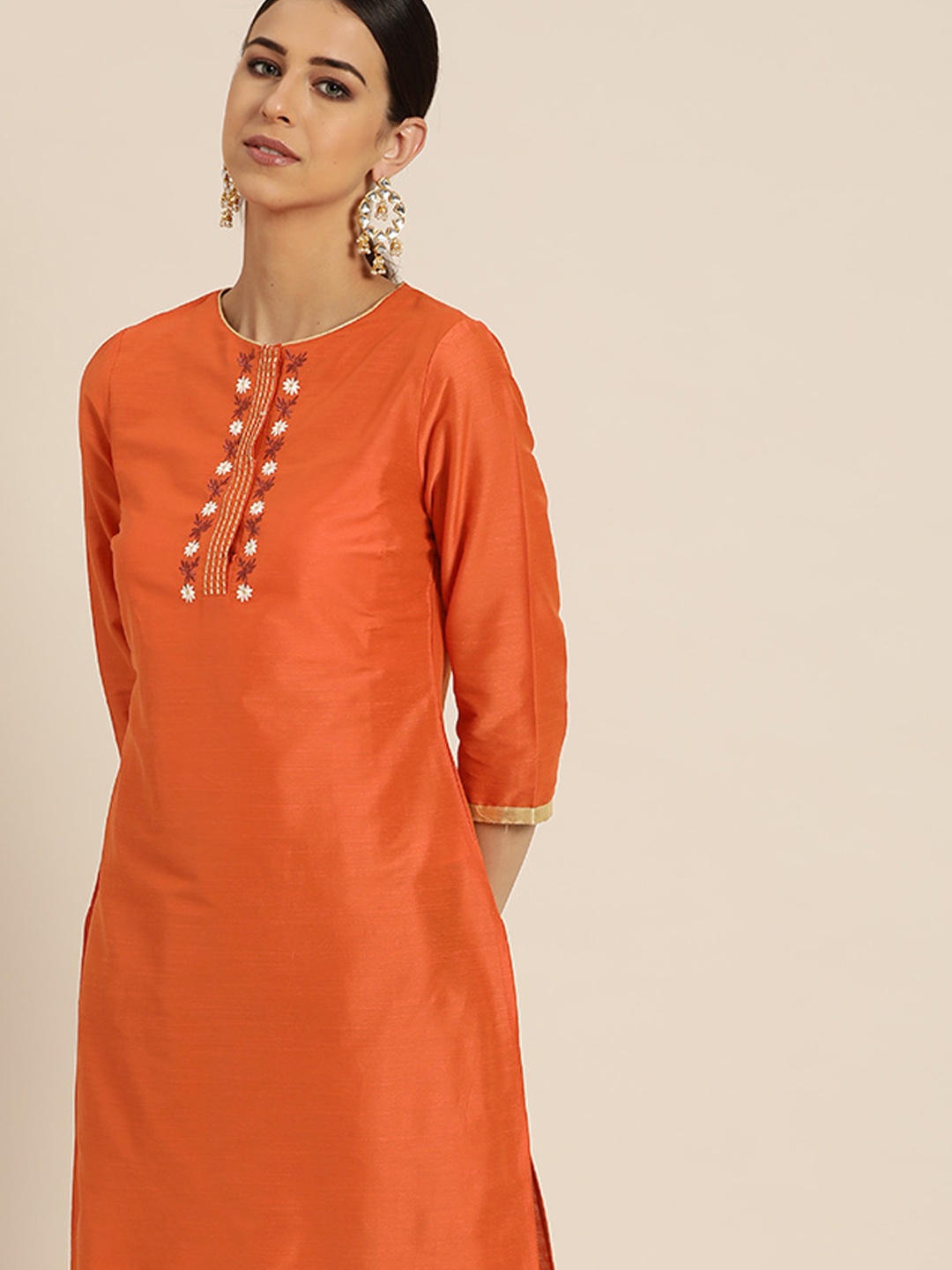 

all about you Women Orange Gotta Patti Yoke Embroidered Straight Kurta