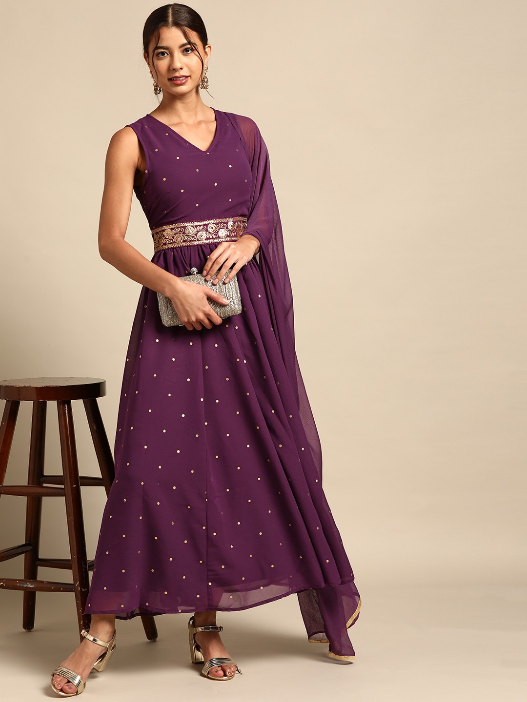 

all about you Purple & Golden Ethnic Motifs Print Maxi Dress With Dupatta