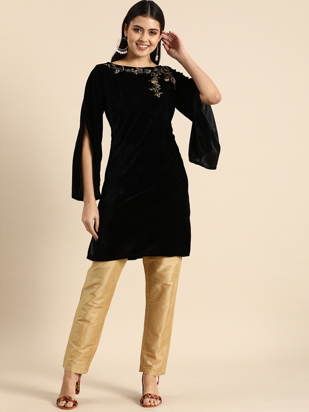 

all about you Women Black Ethnic Motifs Embroidered Thread Work Kurta with Trousers