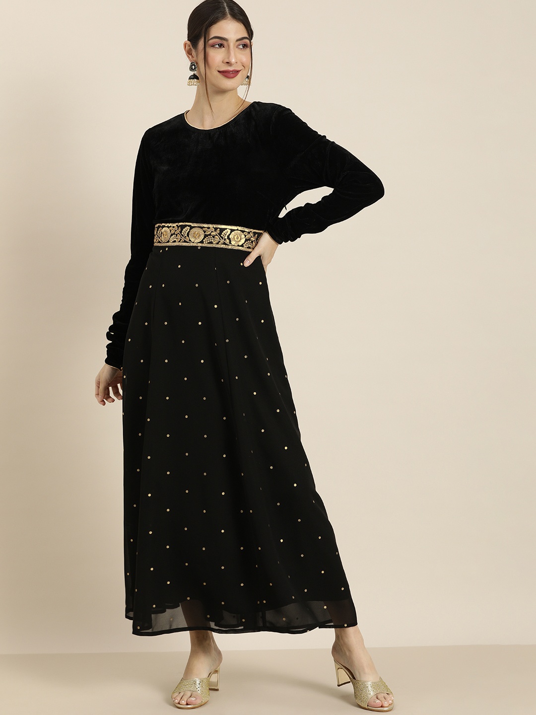 

all about you Black Printed Velvet Sequinned Ethnic Maxi Gown
