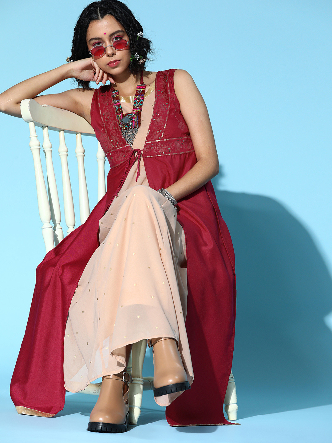 

all about you Women Pink & Peach-Coloured Ethnic Motifs Layered Midi Dress