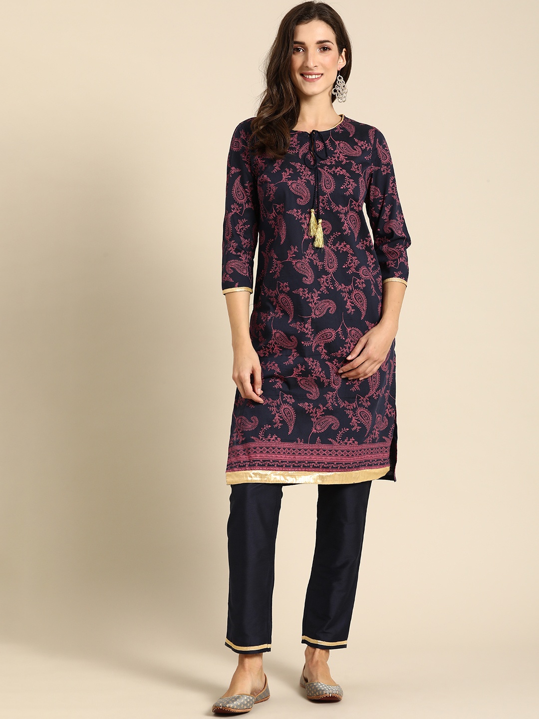 

all about you Women Navy Blue Paisley Printed Regular Kurta with Trousers