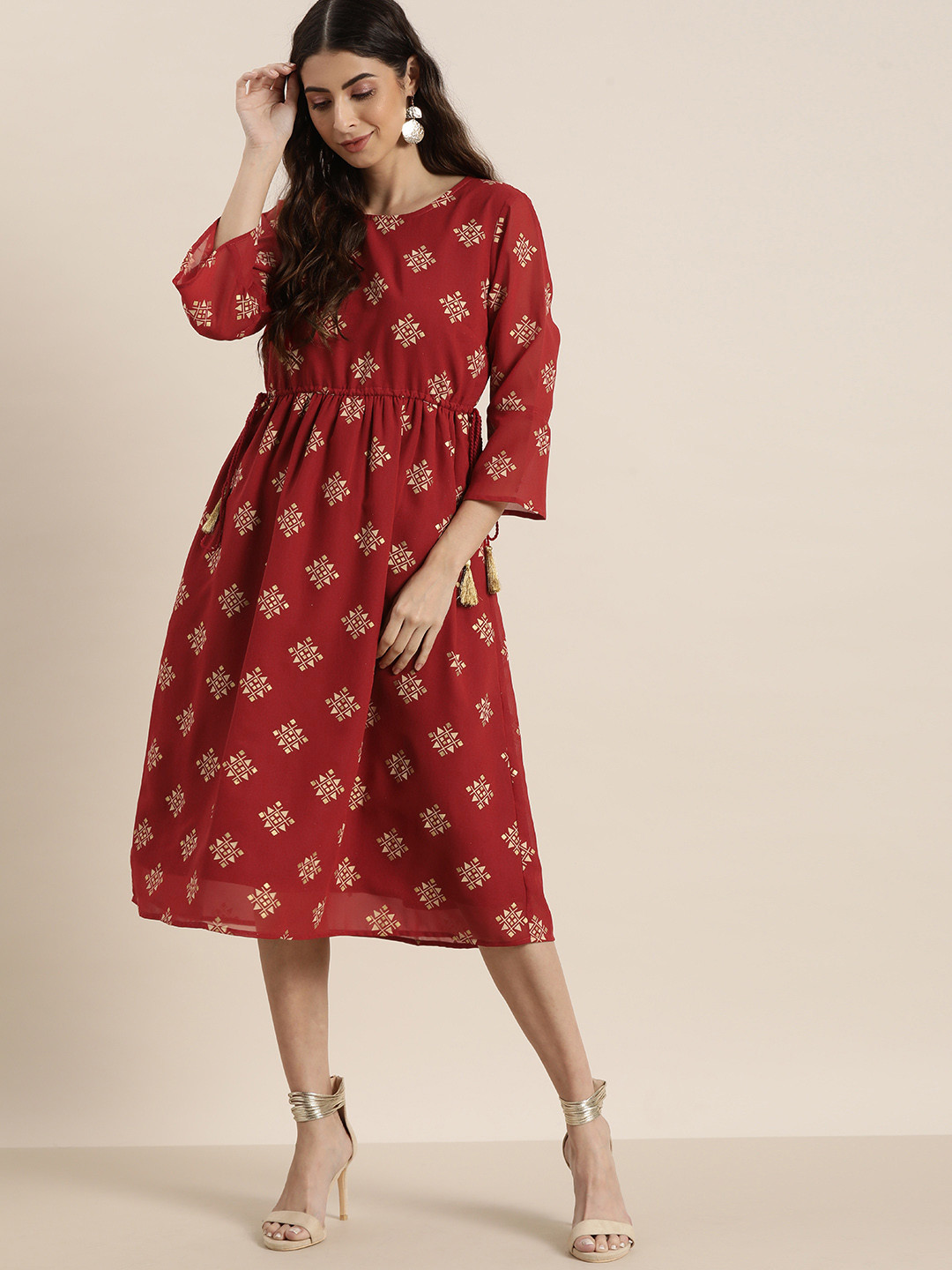 

all about you Red & Golden Ethnic Motifs Midi Dress with Tie-Ups
