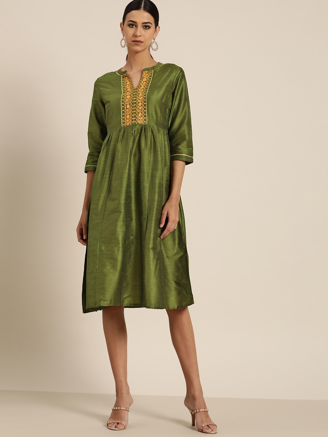 

all about you Green & Mustard Yellow Solid A-Line Dress With Embroidered Detail