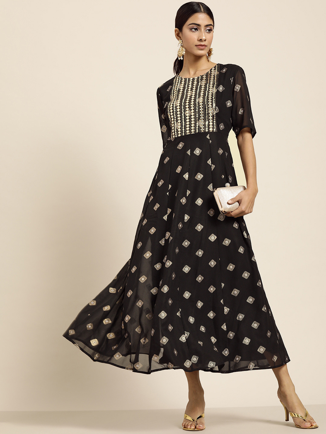 

all about you Women Black & Golden Printed A-Line Midi Dress