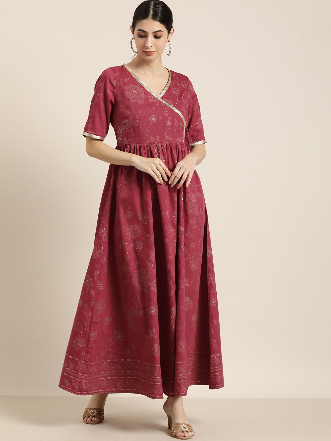 

all about you Women Red & Gold-Toned Floral Print Wrap Maxi Dress