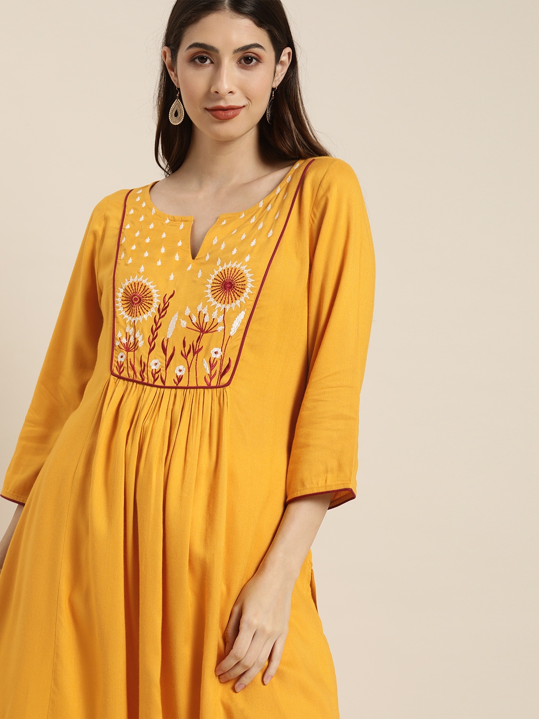 

all about you Women Mustard Yellow Yoke Design Kurta