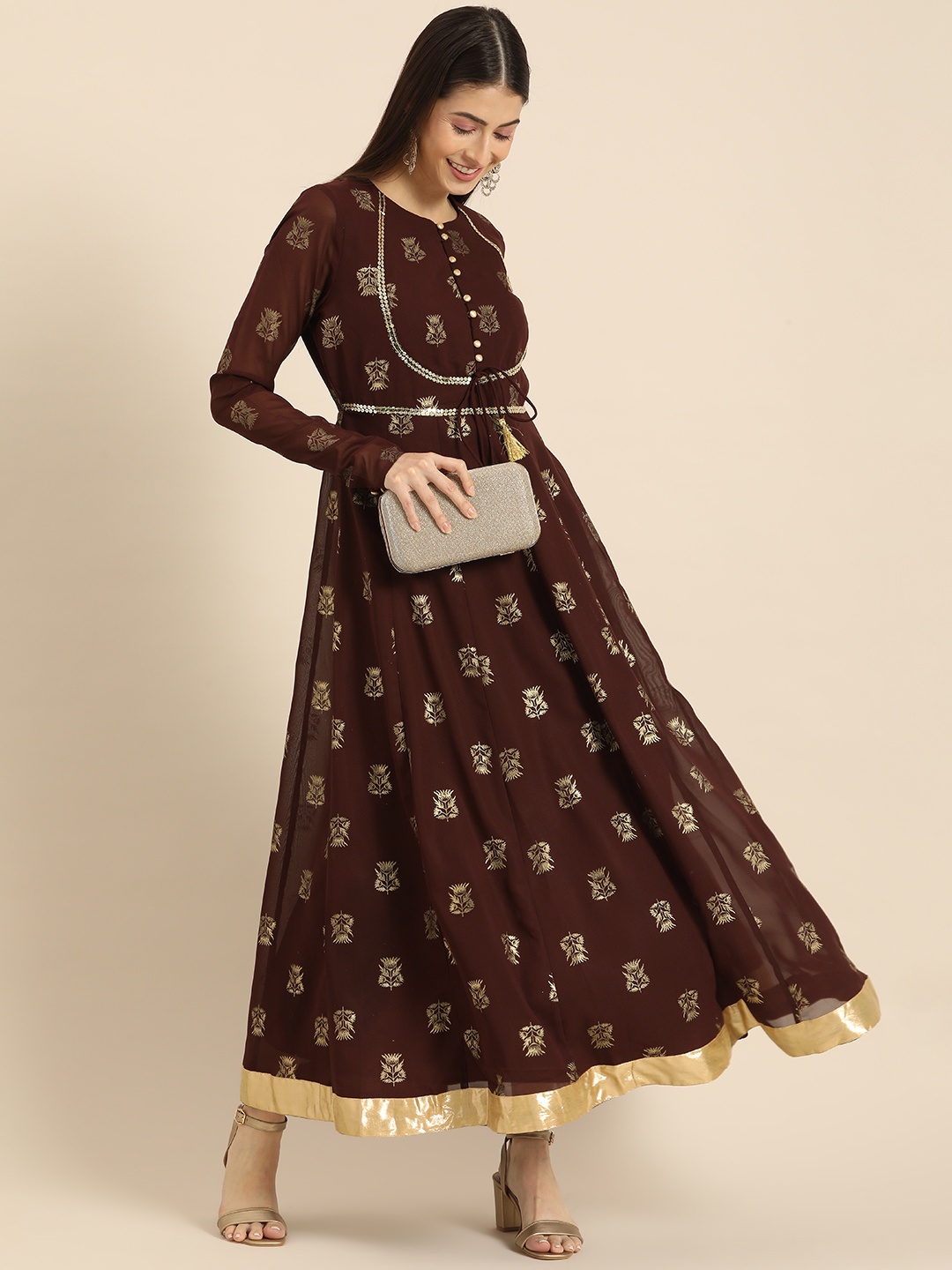 

all about you Coffee Brown Floral Printed A-Line Dress With Tie-Up Detail