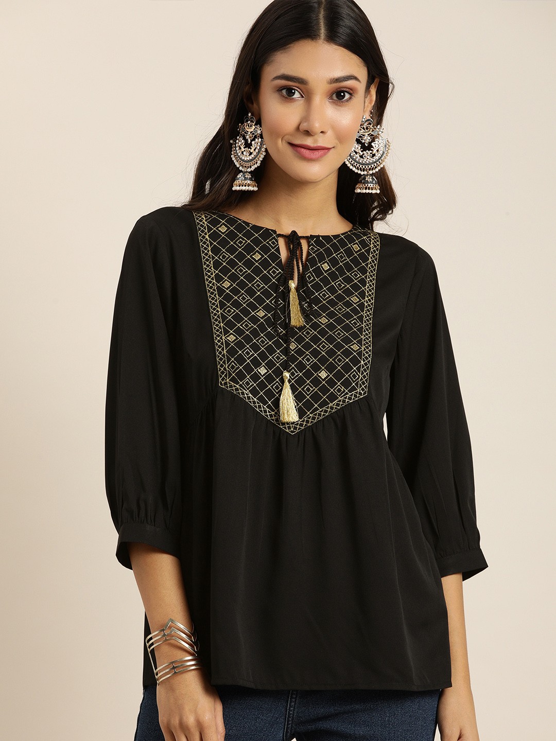 

all about you Women Black & Yellow Yoke Design Pleated Kurti