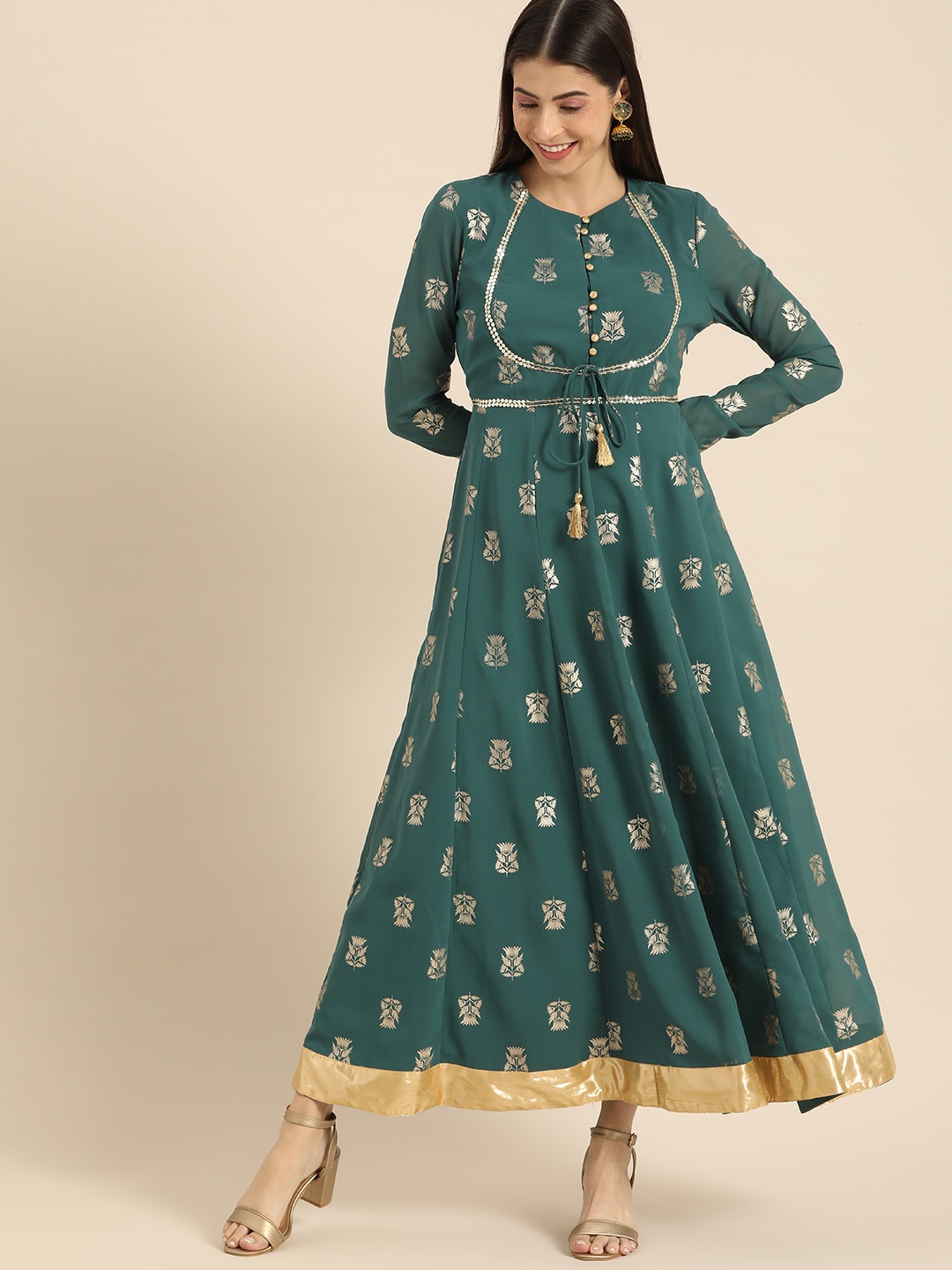 

all about you Teal Floral Printed A-Line Dress With Tie-Up Detail