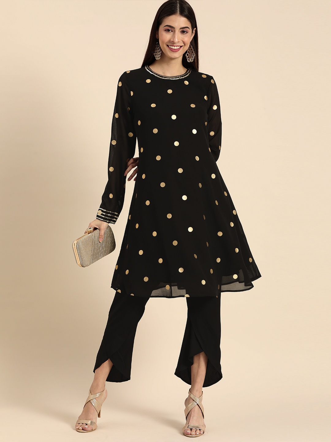 

all about you Women Black & Golden Printed Regular Sequinned Kurta with Trousers