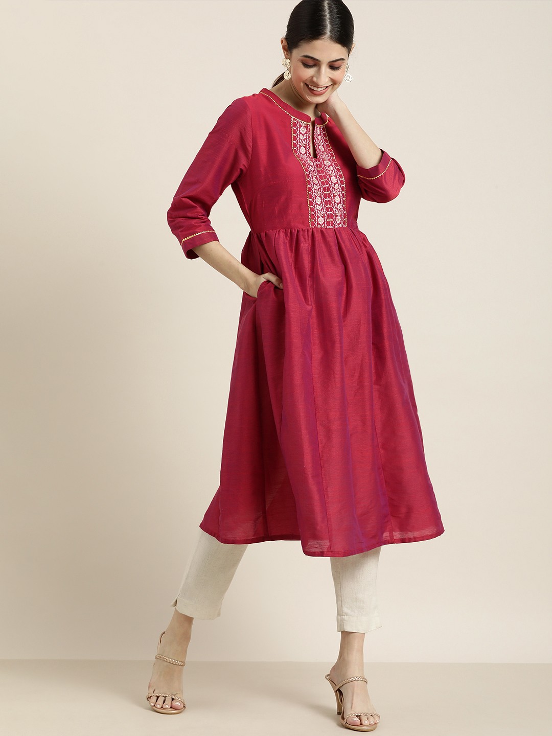 

all about you Dark Pink Floral Embroidered Fit And Flare Ethnic Dress