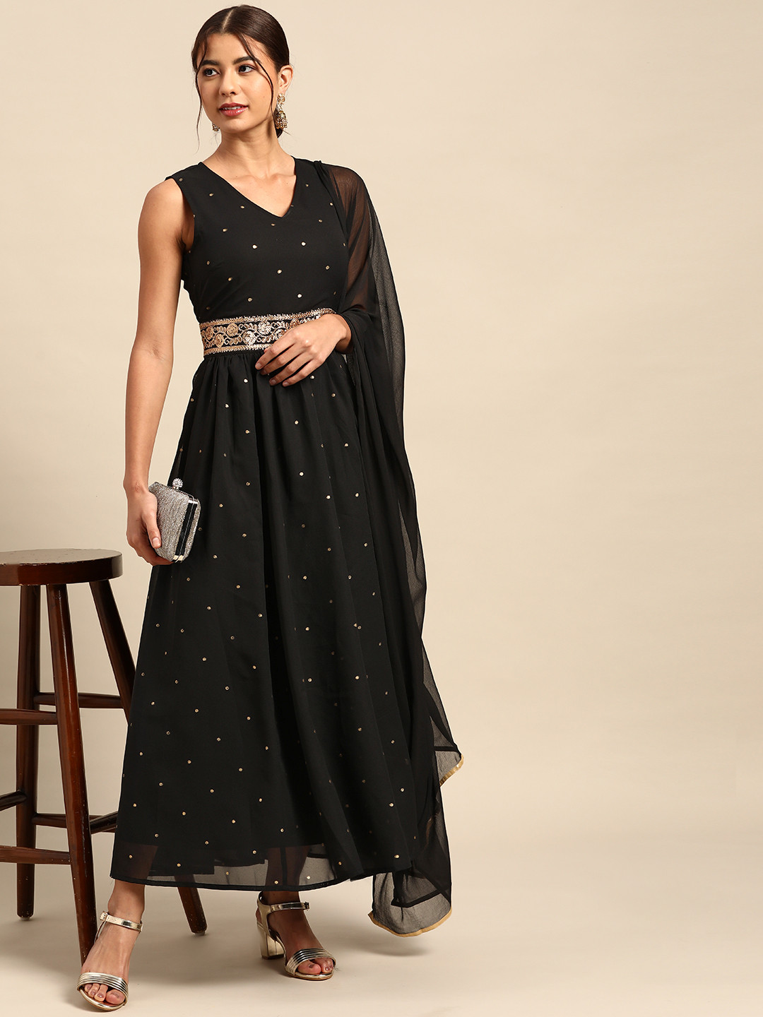 

all about you Women Black & Golden Ethnic Motifs Maxi Dress With Dupatta