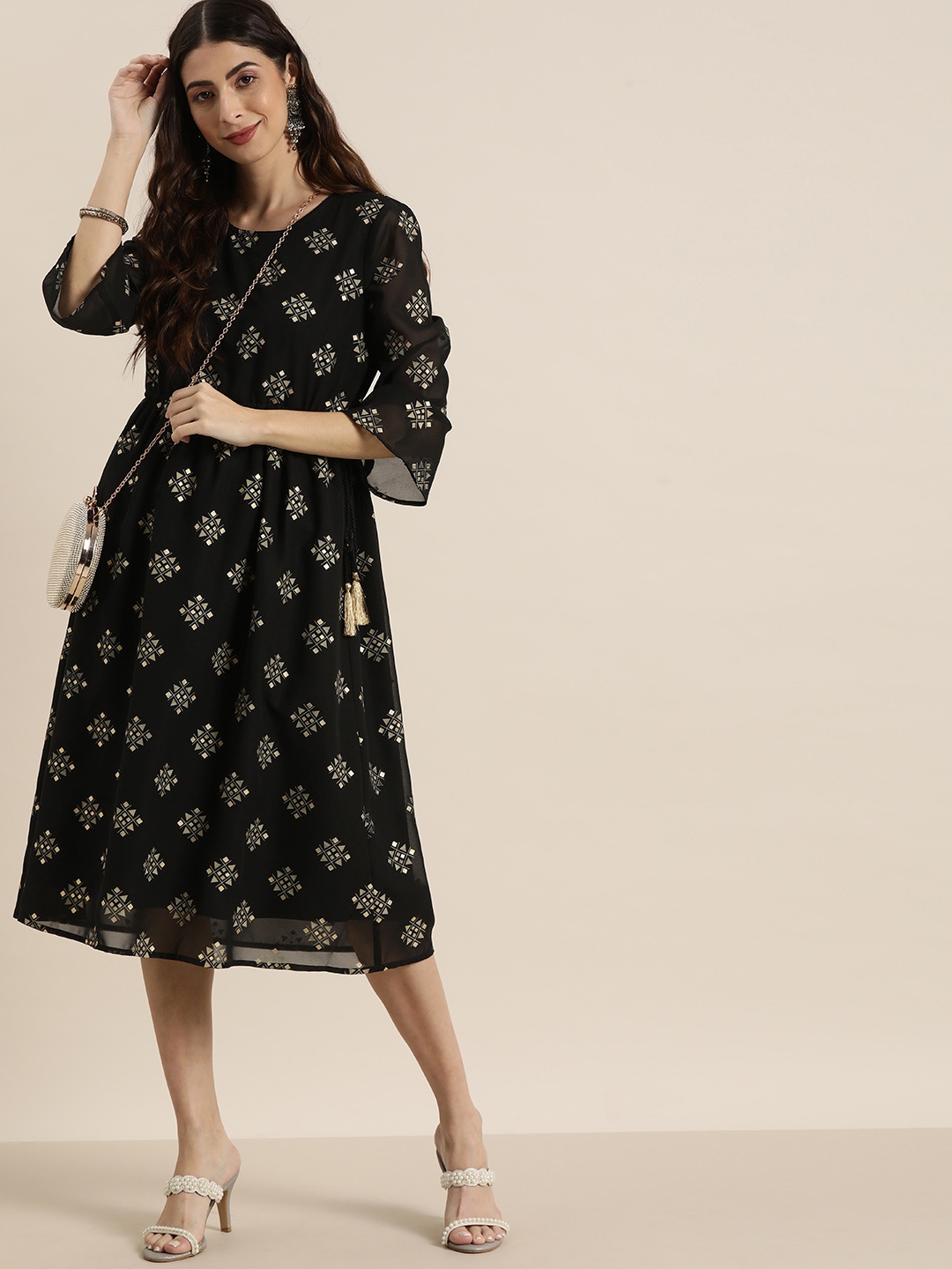 

all about you Black & Golden Ethnic Motifs Midi Dress with Tie-Ups
