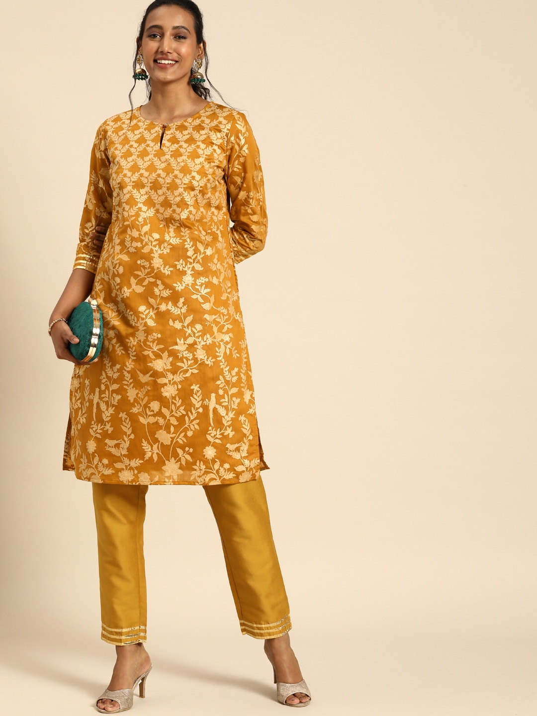 

all about you Women Mustard Yellow Ethnic Motifs Printed Regular Kurta with Trousers