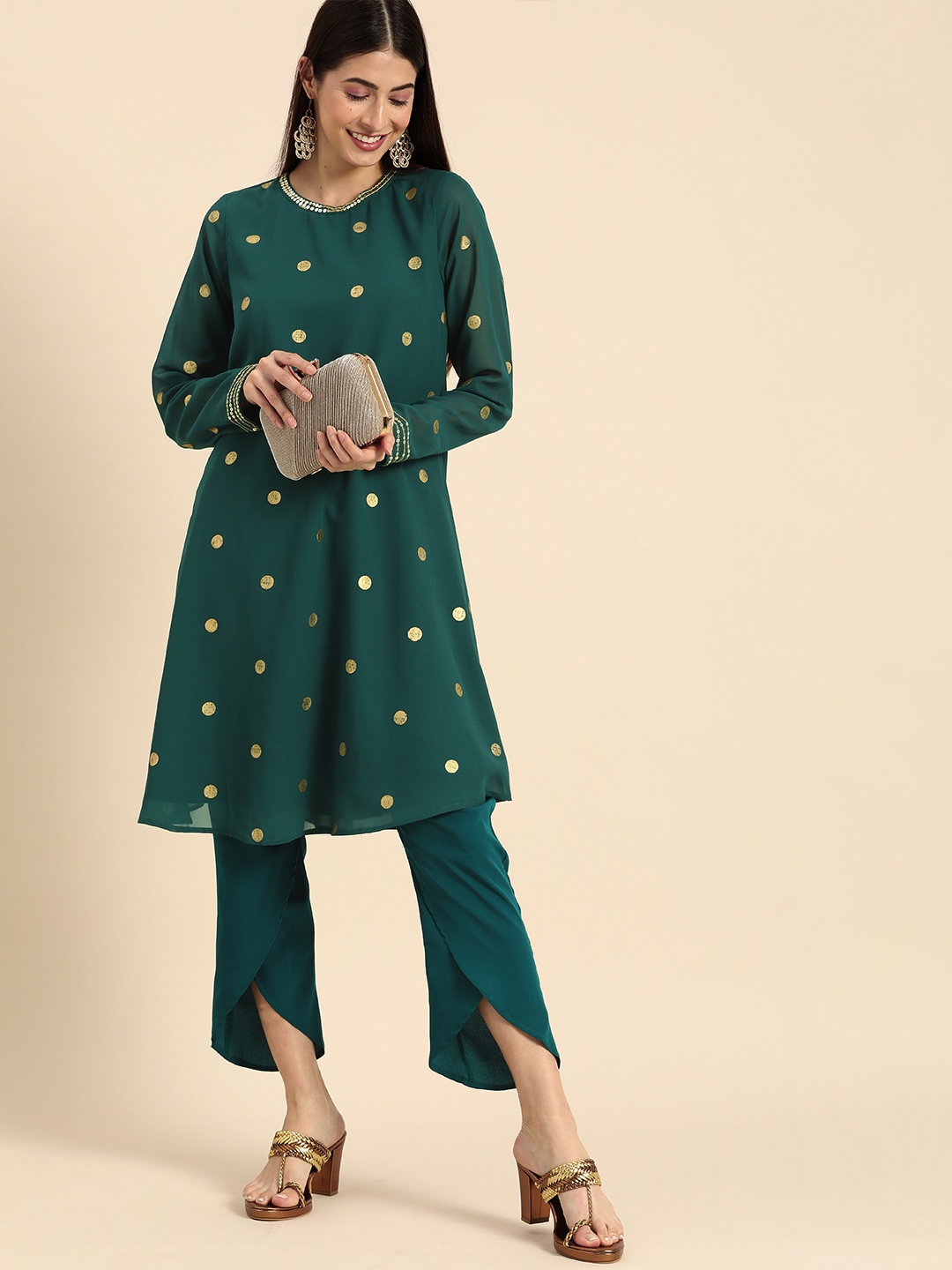 

all about you Women Teal Green & Golden Printed Regular Sequinned Kurta with Trousers