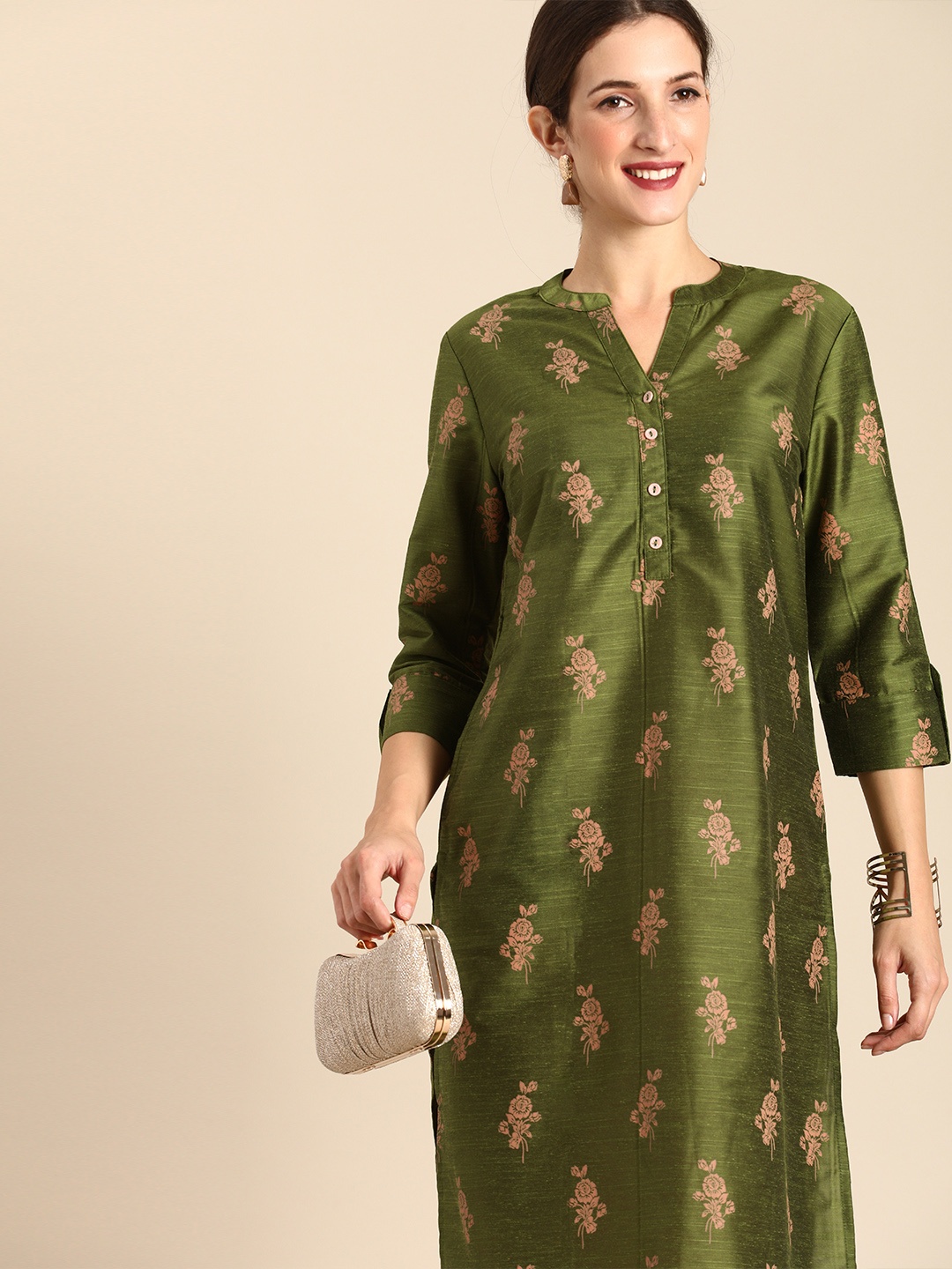 

all about you Women Green Floral Printed Straight Kurta