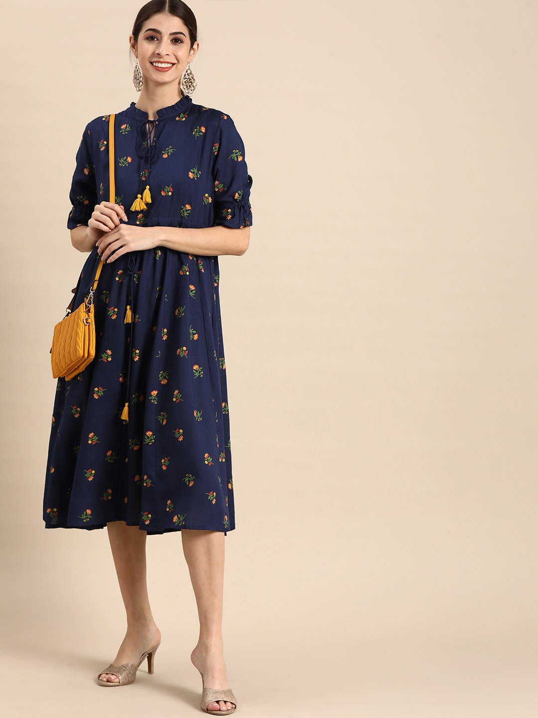 

all about you Navy Blue Floral Tie-Up Neck Midi Dress