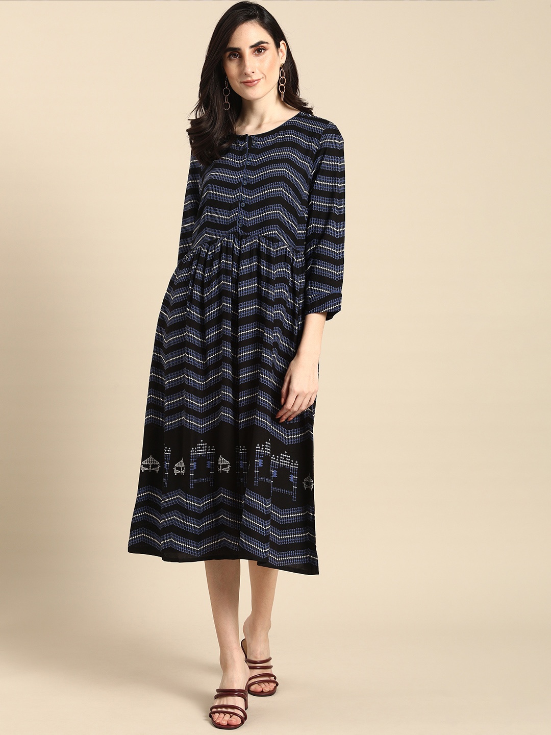 

all about you Women Black & Blue Chevron Print Ethnic Midi Fit & Flare Dress