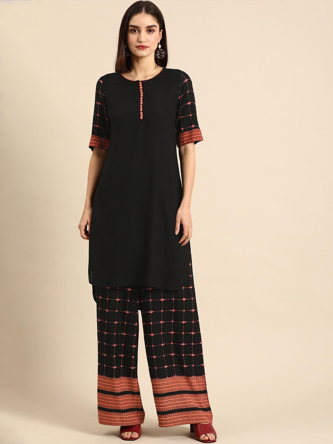 

all about you Women Black & Pink Regular Round Neck Kurta with Palazzos