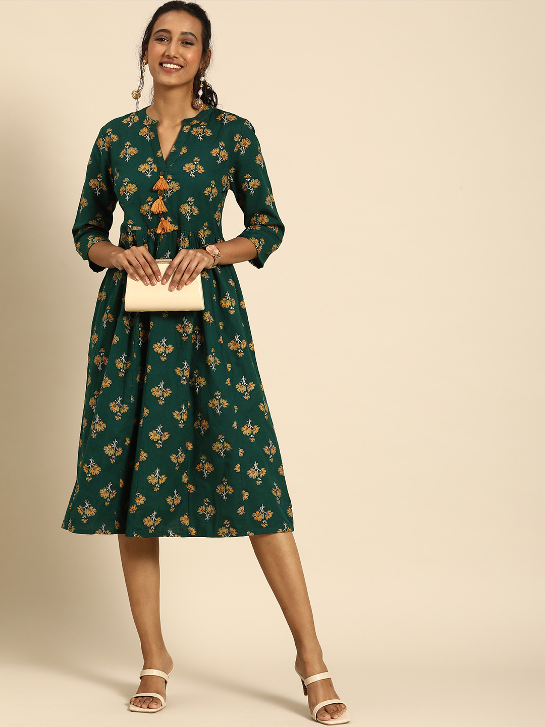 

all about you Green & Mustard Yellow Floral Tasseled A-Line Midi Dress